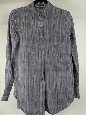 Theory Black White Pinstripe Button Down Silk Classic  Shirt Size P Small EUC